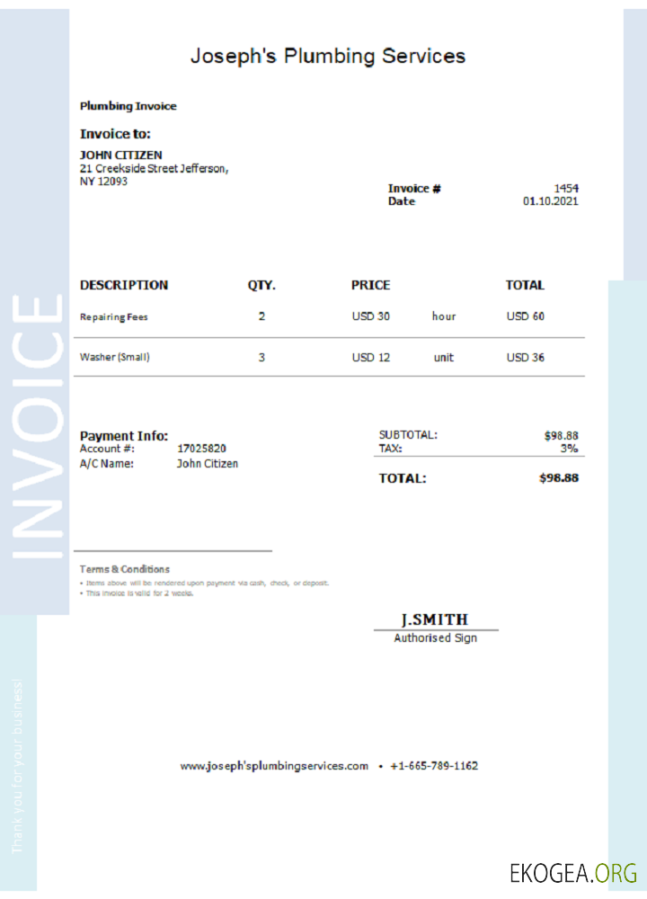 Facture des services de plomberie de Joseph aux États , Unis